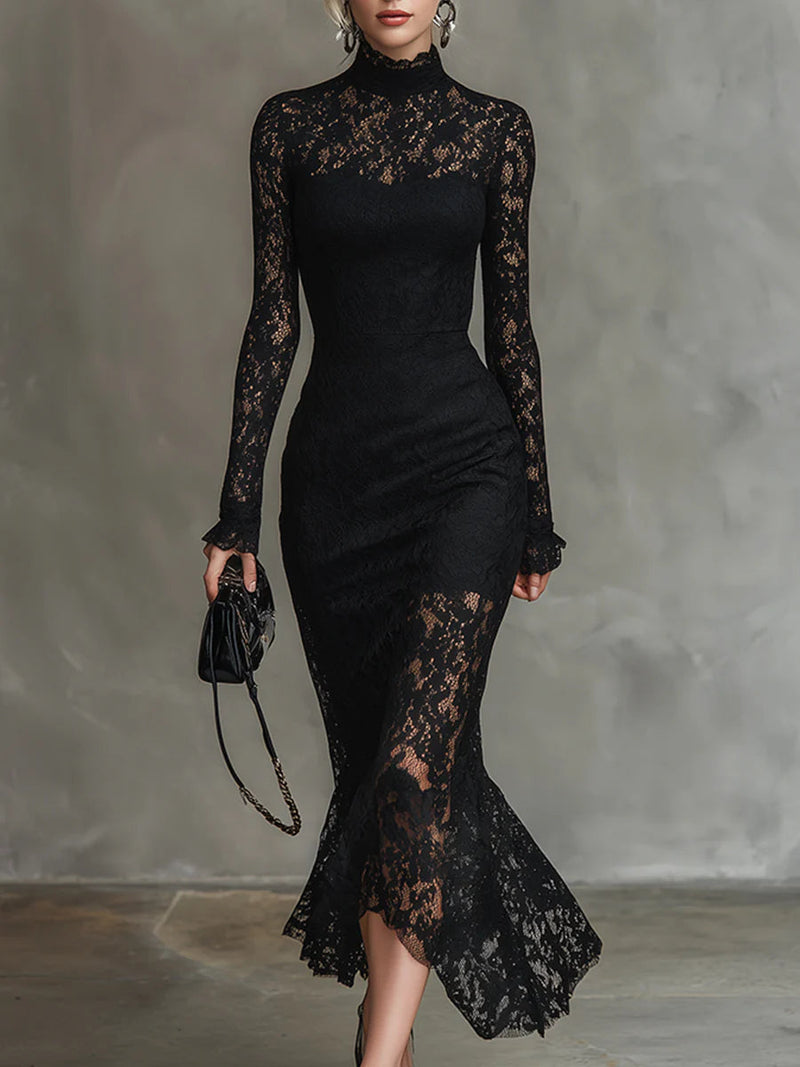 Charming Women's Lace Cocktail Dress With Mock Neck 0