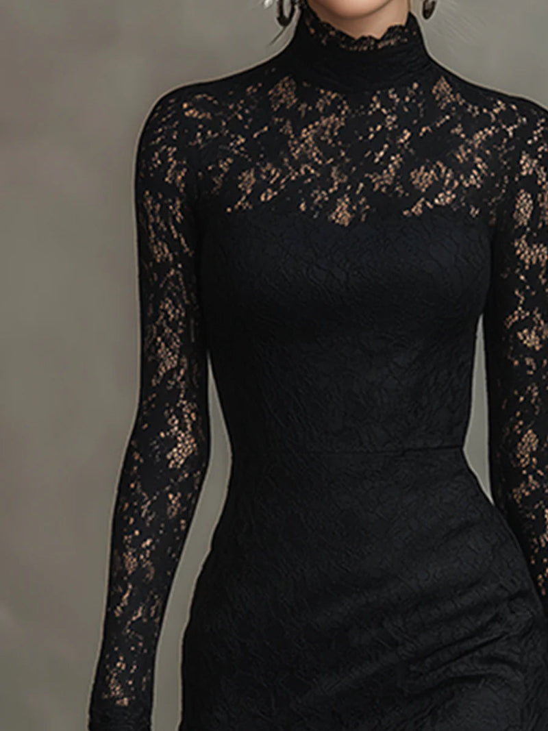 Charming Women's Lace Cocktail Dress With Mock Neck 2