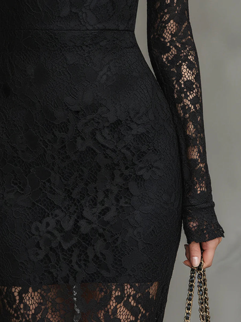 Charming Women's Lace Cocktail Dress With Mock Neck 3