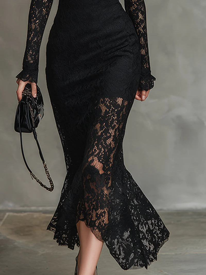 Charming Women's Lace Cocktail Dress With Mock Neck 4