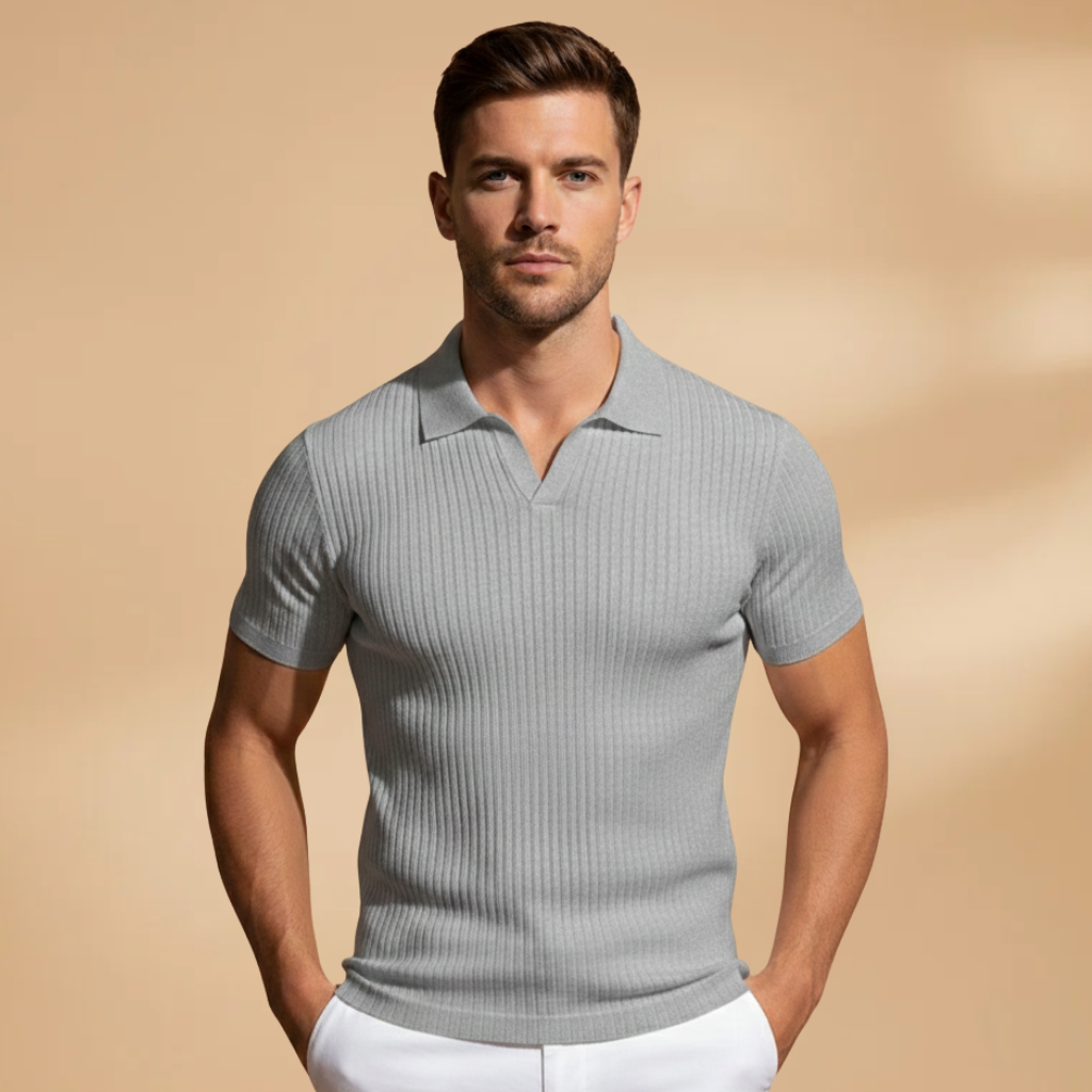 Chic Men's Polo Shirt Ribbed Texture Slim Fit 0