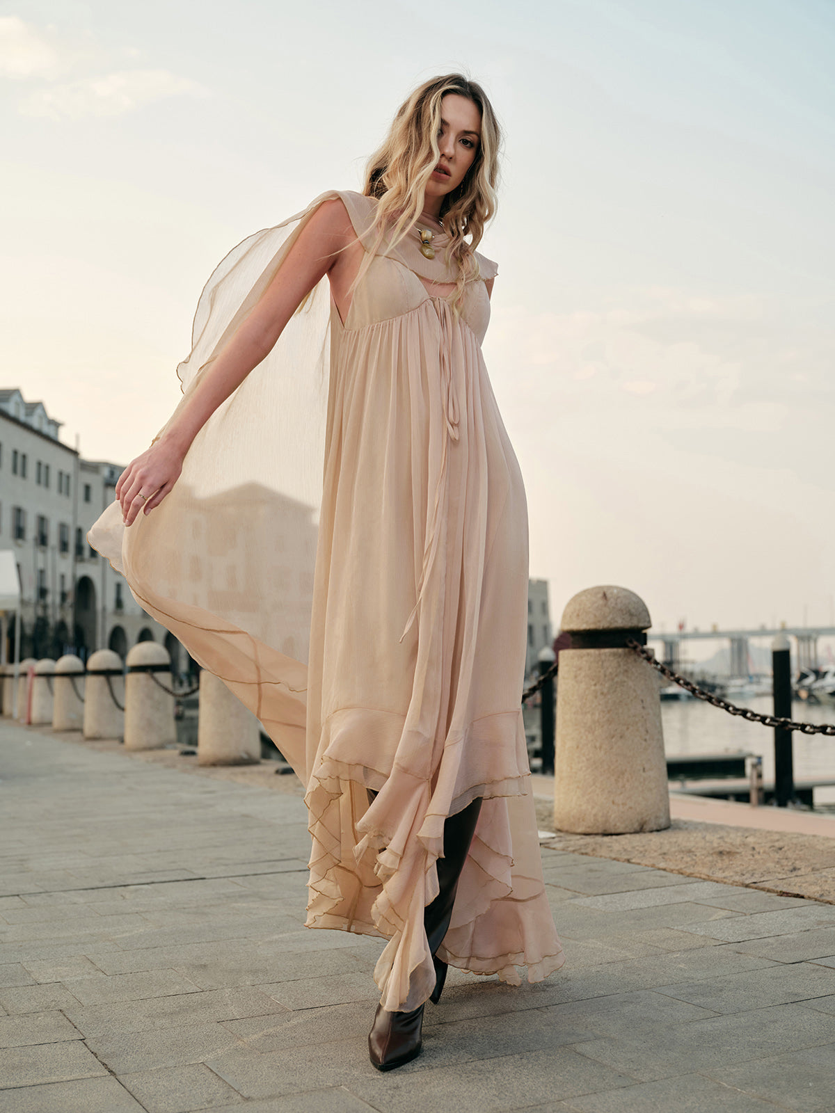Chiffon Dress With Cloak Long Sleeve Maxi Shift Style For Casual Events 6
