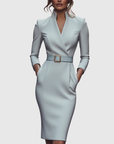 Women's black belted pencil midi dress with three-quarter sleeves