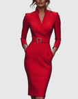 Women's black belted pencil midi dress with three-quarter sleeves