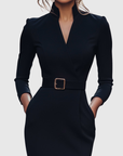 Women's black belted pencil midi dress with three-quarter sleeves