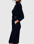 Women's black belted pencil midi dress with three-quarter sleeves