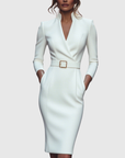 Women's black belted pencil midi dress with three-quarter sleeves