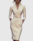 Women's black belted pencil midi dress with three-quarter sleeves