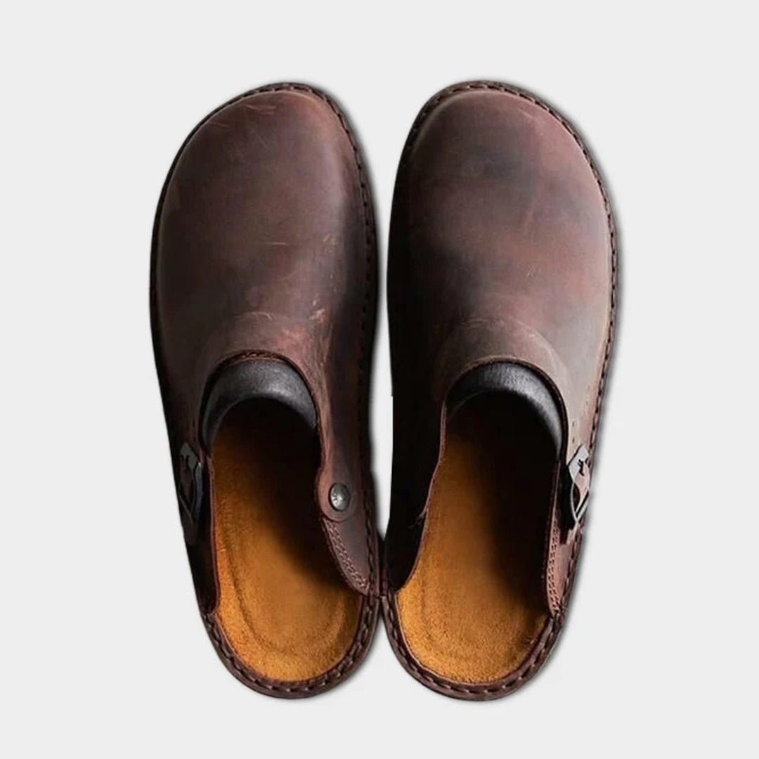 Men's brown faux leather moccasin slippers