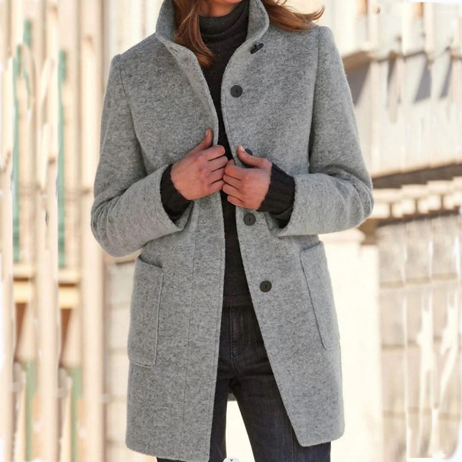 Women's light grey wool coat with retro button front