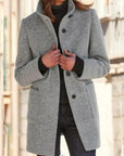 Women's light grey wool coat with retro button front