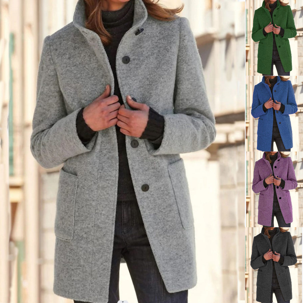 Women's light grey wool coat with retro button front