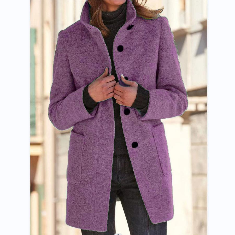 Women's light grey wool coat with retro button front