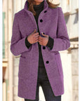 Women's light grey wool coat with retro button front