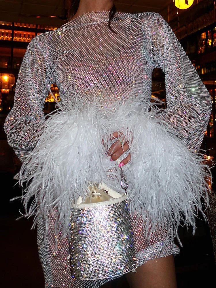 Cocktail Dress Mini Length Metallic Accents Feather Details Evening Wear 8