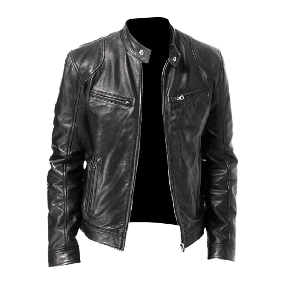 Men's black leather jacket with regular fit and zip front