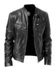 Men's black leather jacket with regular fit and zip front