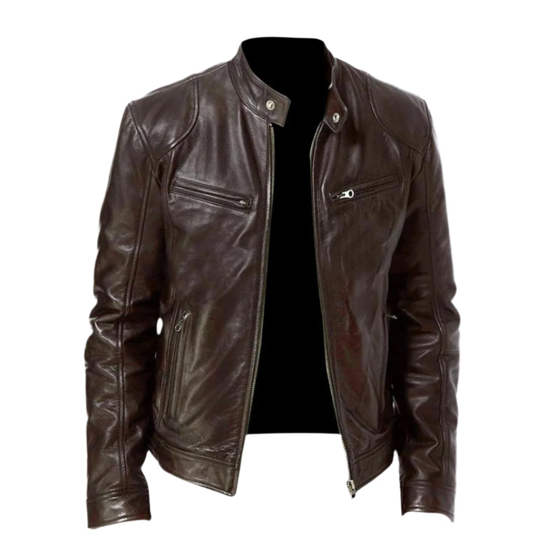 Men's black leather jacket with regular fit and zip front