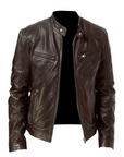 Men's black leather jacket with regular fit and zip front