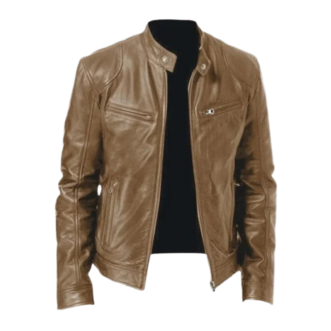 Men's black leather jacket with regular fit and zip front