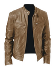 Men's black leather jacket with regular fit and zip front