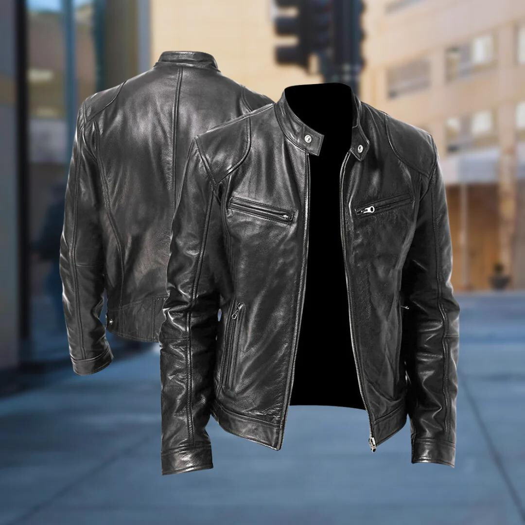Men's black leather jacket with regular fit and zip front