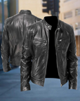 Men's black leather jacket with regular fit and zip front
