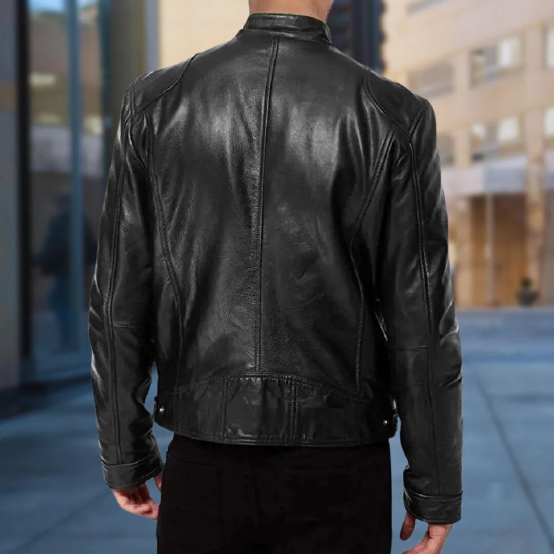Men's black leather jacket with regular fit and zip front