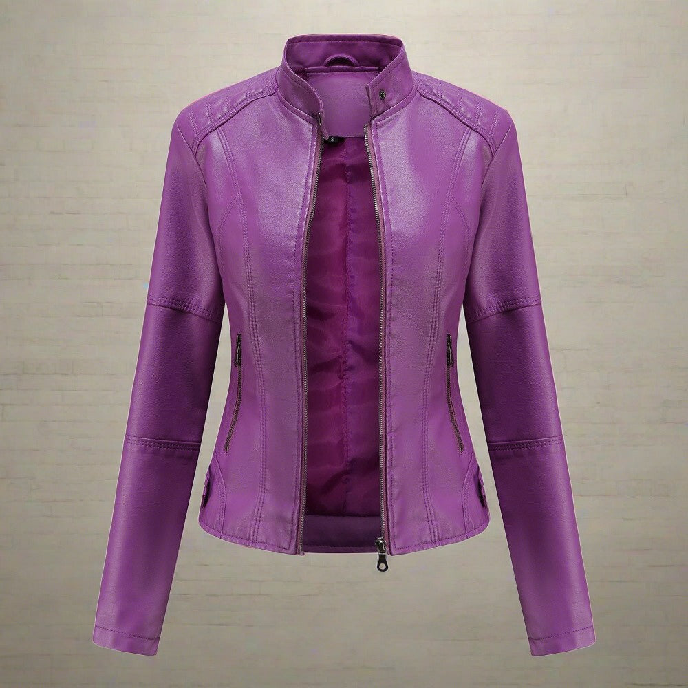 Women's red leather biker jacket with zip pockets