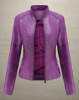 Women's red leather biker jacket with zip pockets
