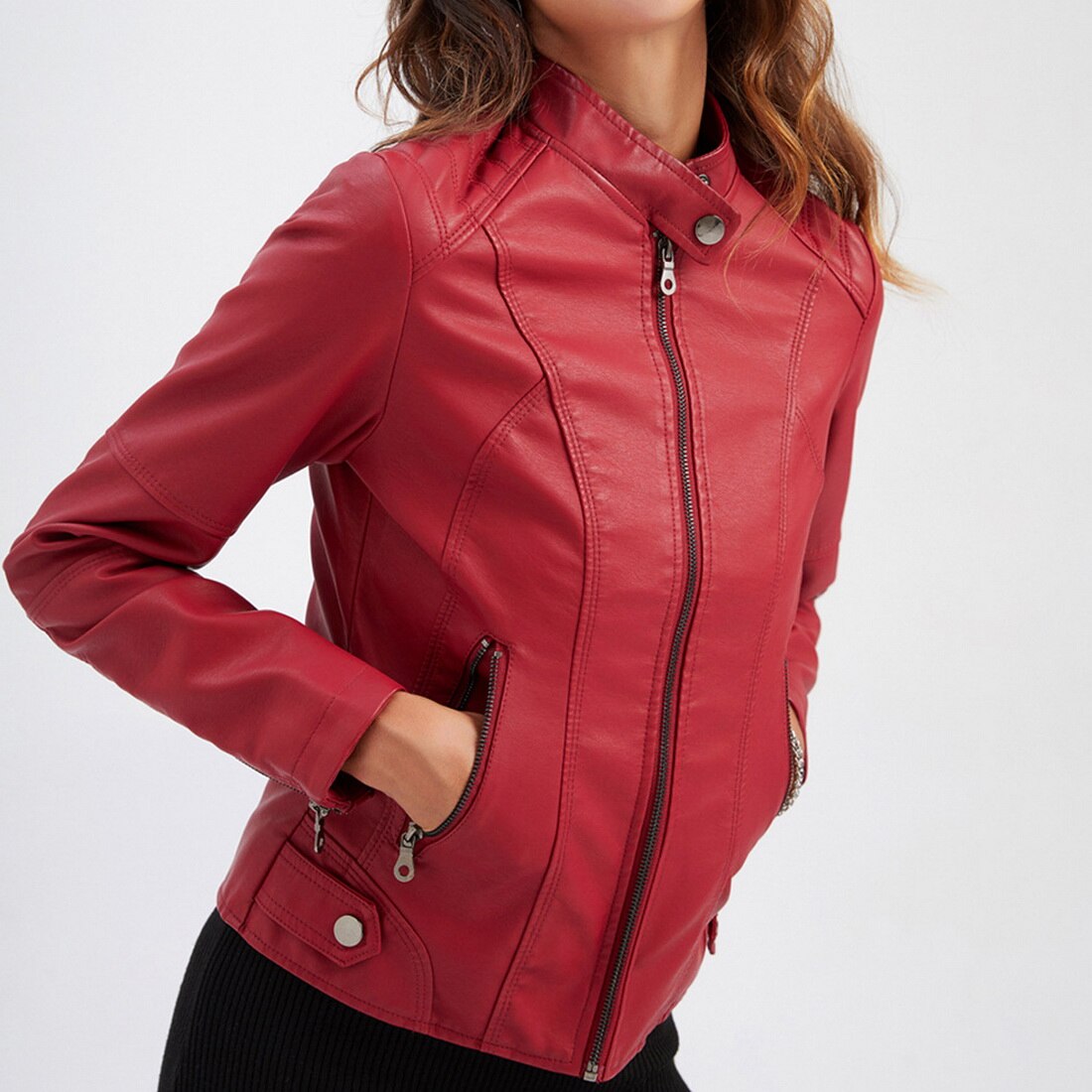 Women's red leather biker jacket with zip pockets
