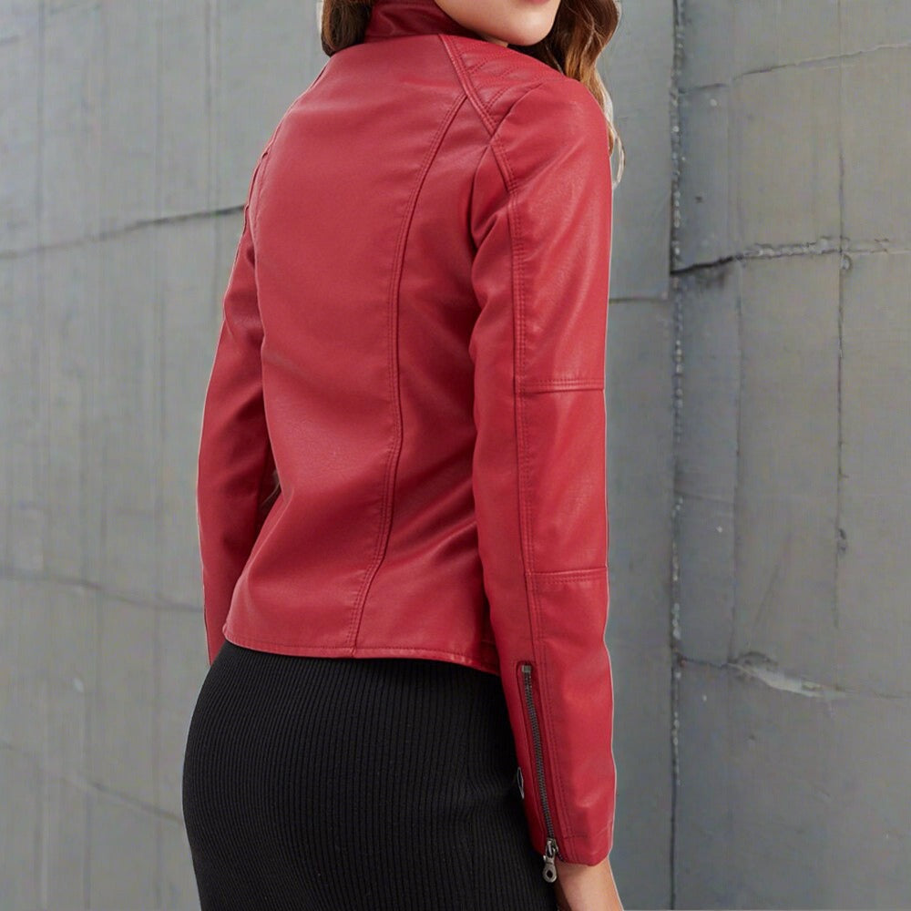 Women's red leather biker jacket with zip pockets