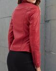 Women's red leather biker jacket with zip pockets