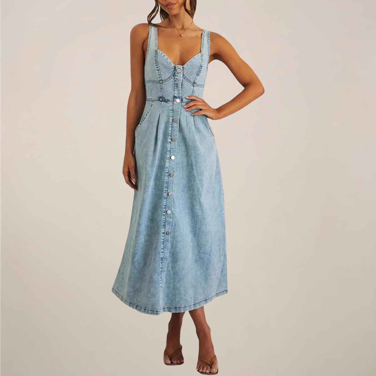 Effortless Denim Midi Dress With Button Front 0