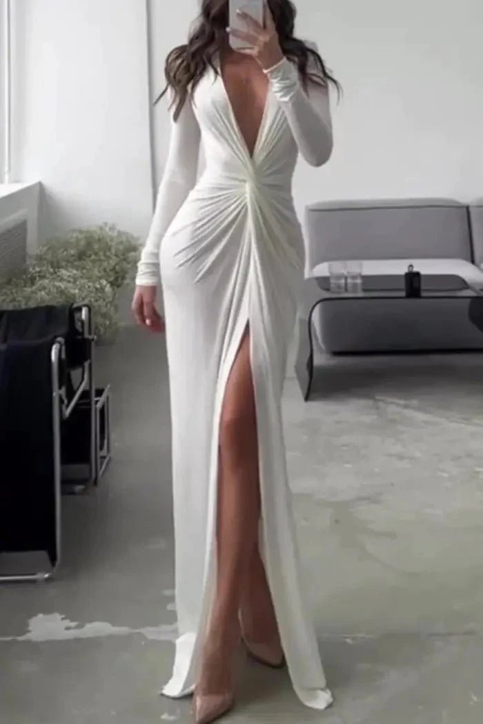 Elegant Pleated V-Neck Midi Dress 0
