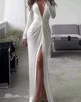 Elegant Pleated V-Neck Midi Dress 0