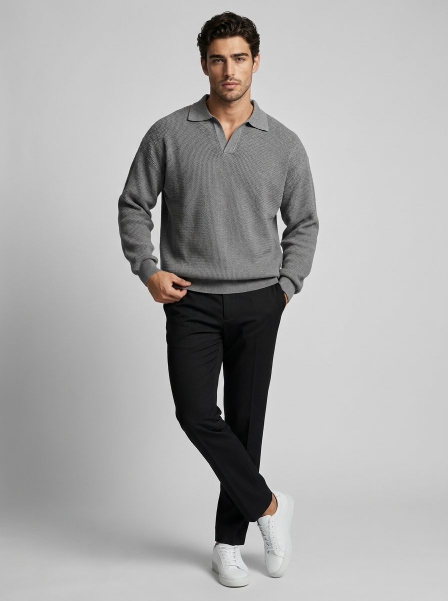 Men’s grey men's long sleeve knitted polo shirt