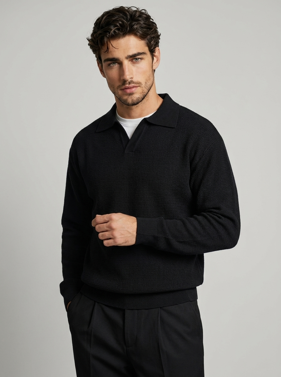 Men’s grey men's long sleeve knitted polo shirt