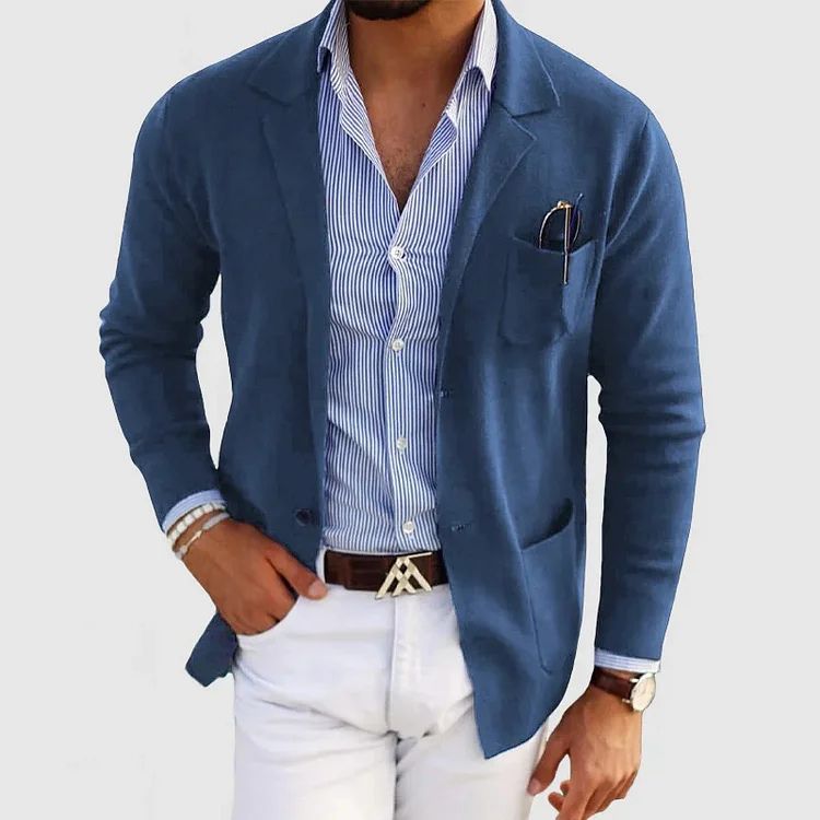 Men's blue single-breasted wool blazer with notch lapel