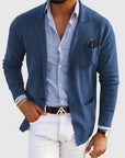 Men's blue single-breasted wool blazer with notch lapel