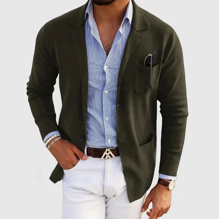 Men's blue single-breasted wool blazer with notch lapel