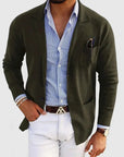 Men's blue single-breasted wool blazer with notch lapel