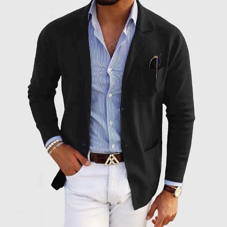 Men's blue single-breasted wool blazer with notch lapel