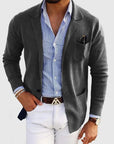 Men's blue single-breasted wool blazer with notch lapel