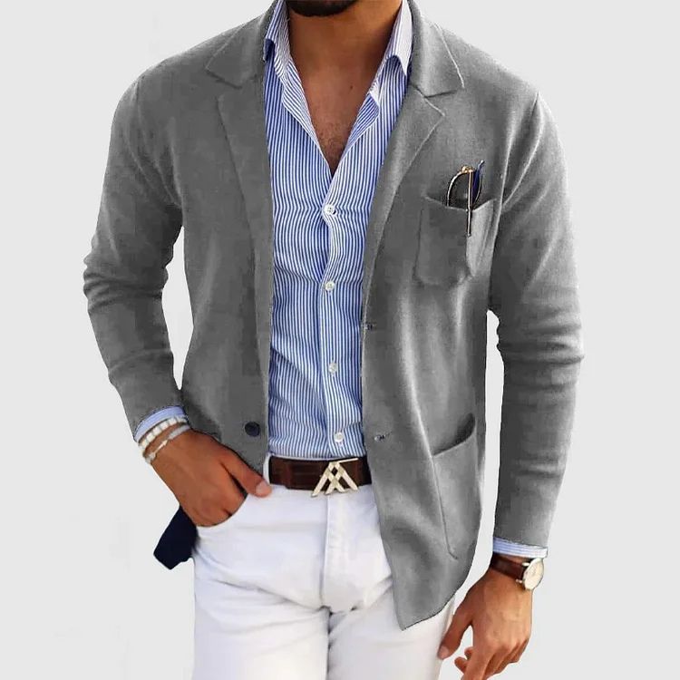Men's blue single-breasted wool blazer with notch lapel