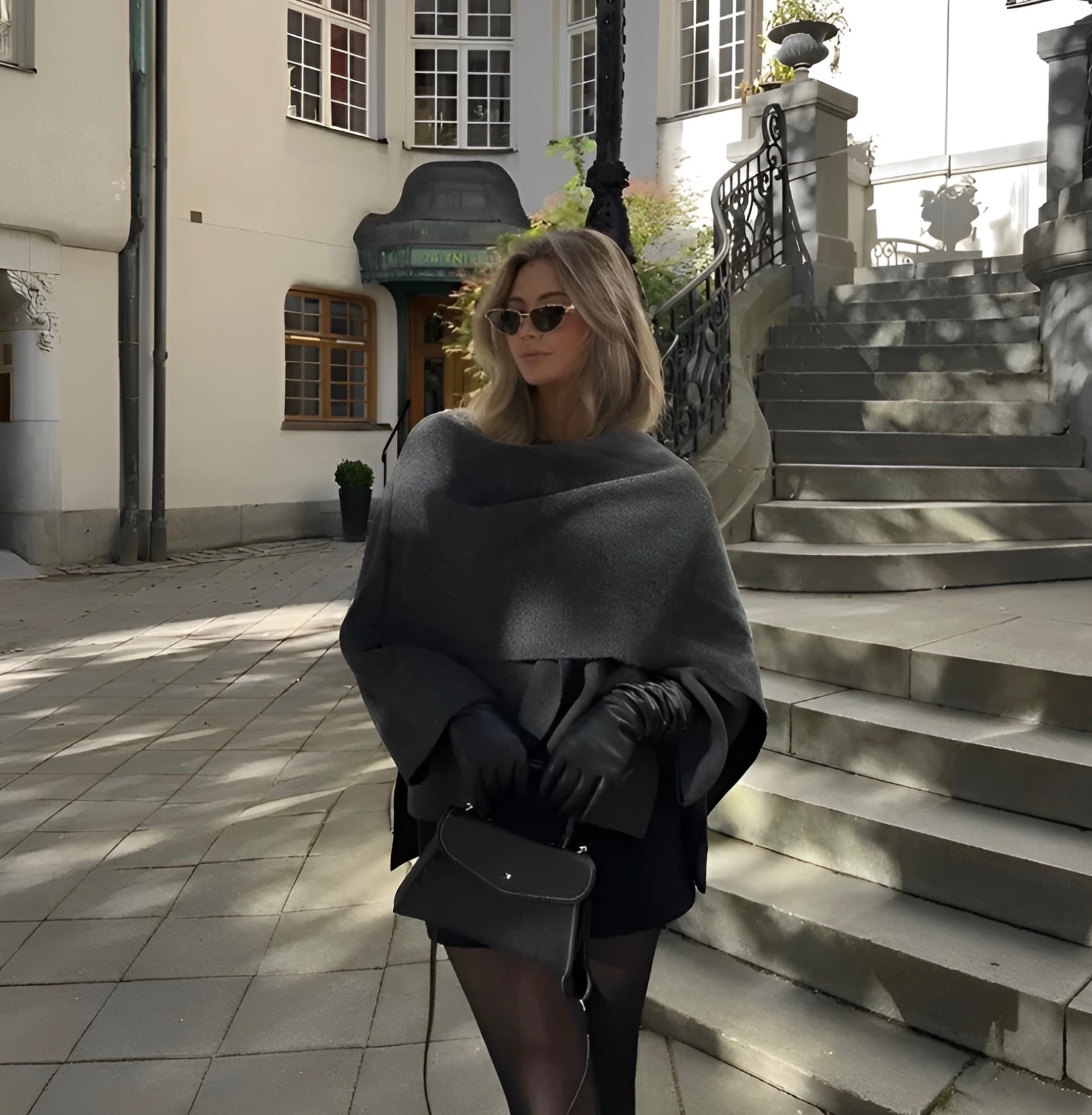 Women's dark grey wool poncho asymmetrical knit wrap outerwear