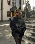 Women's dark grey wool poncho asymmetrical knit wrap outerwear