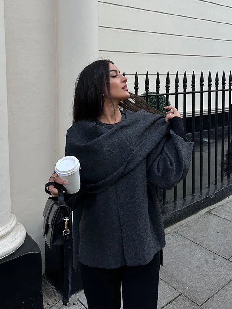 Women's dark grey asymmetrical wool poncho knit wrap winter outerwear