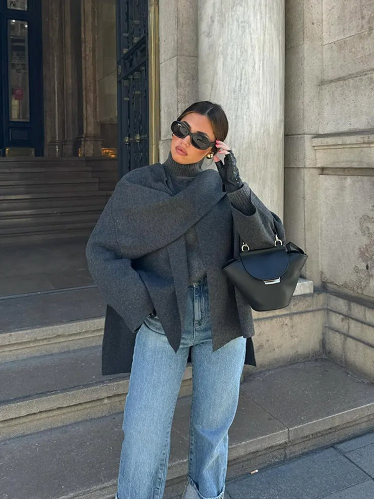 Women's dark grey asymmetrical wool poncho knit wrap winter outerwear