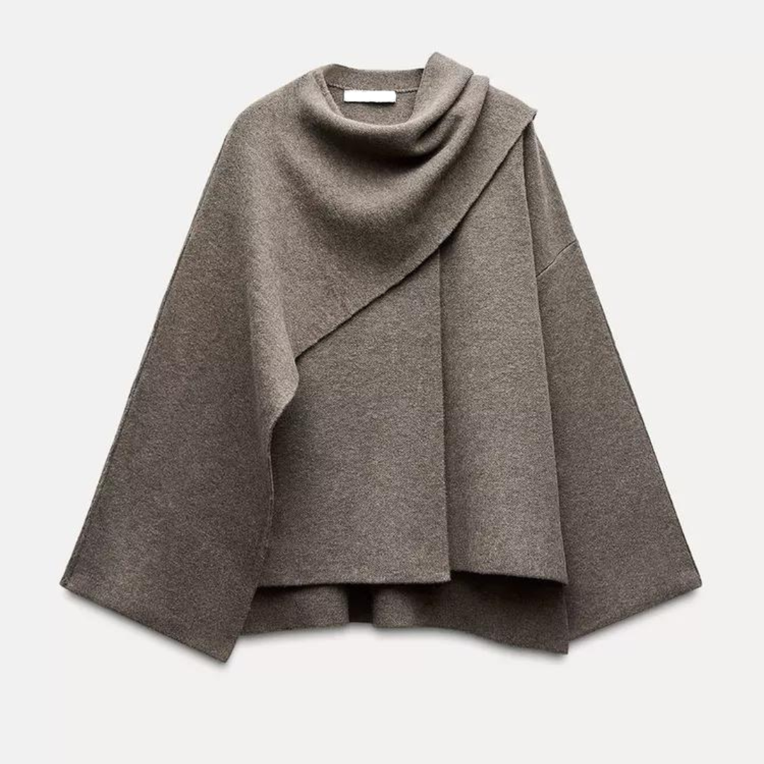 Women's dark grey wool poncho asymmetrical knit wrap outerwear